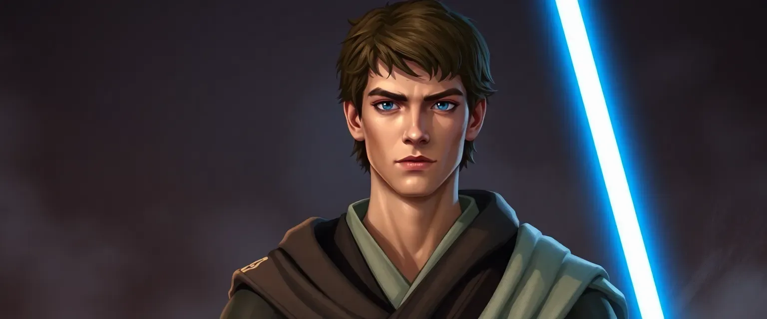 Tall Jedi with short brown hair, blue eyes, tanned skin, wearing traditional Jedi robe.