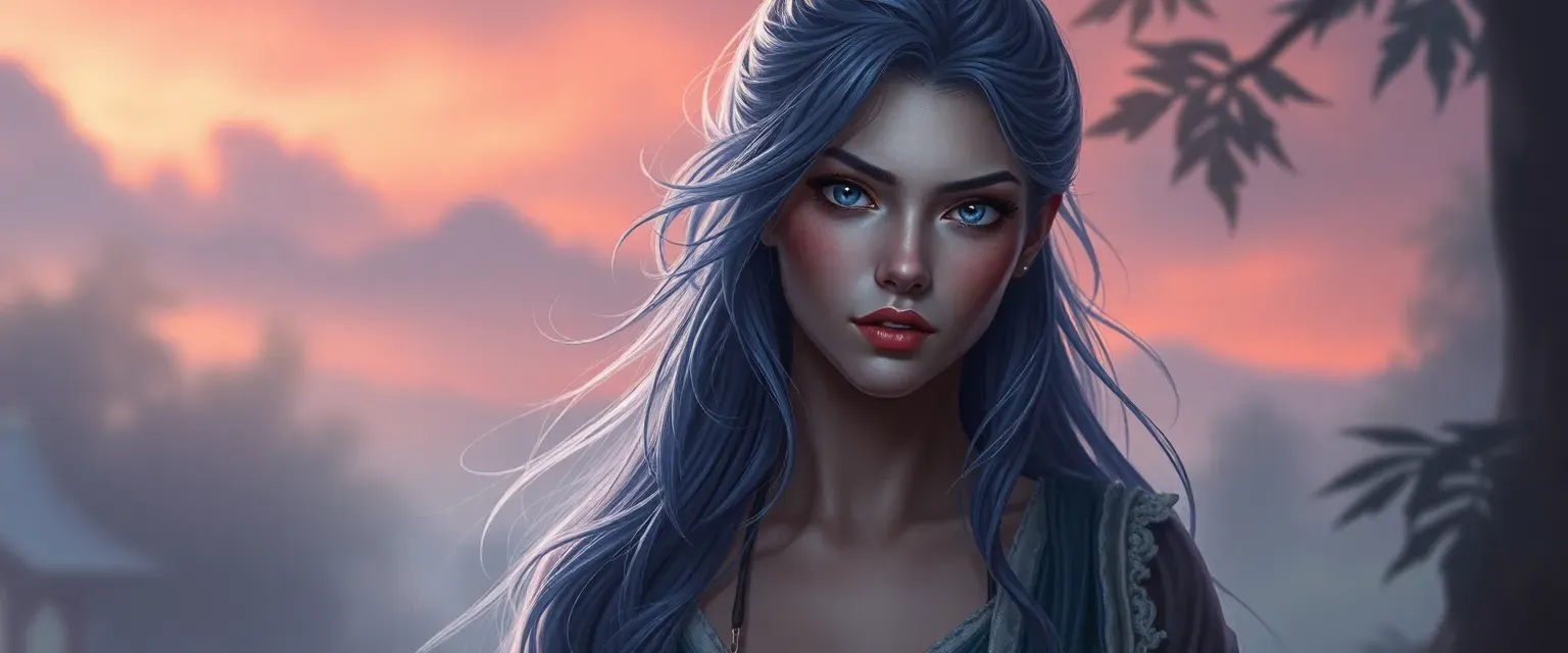 Ethereal woman with dusk-kissed skin, storm-gray eyes, midnight hair, wearing twilight-colored kapok garments.