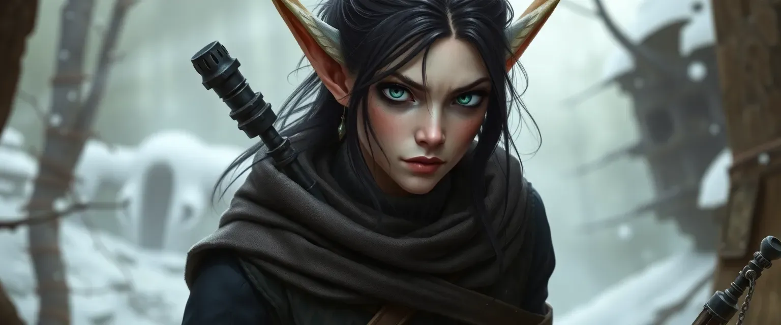 21-year-old changeling rogue with pale skin, dark hair, and cold eyes, wearing cult-adorned practical attire in the Feywild.