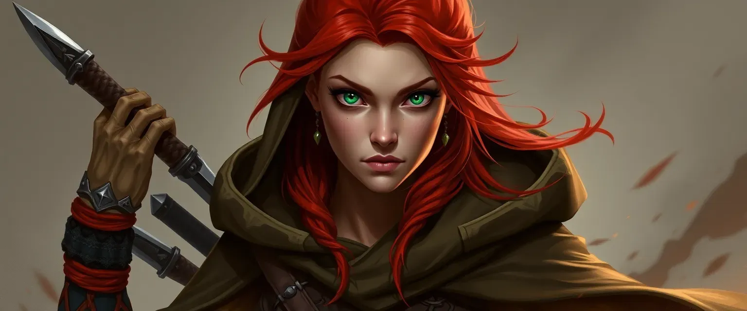 28-year-old Eladrin with fiery red hair and green eyes, wearing a versatile, hooded cloak and carrying multiple daggers.