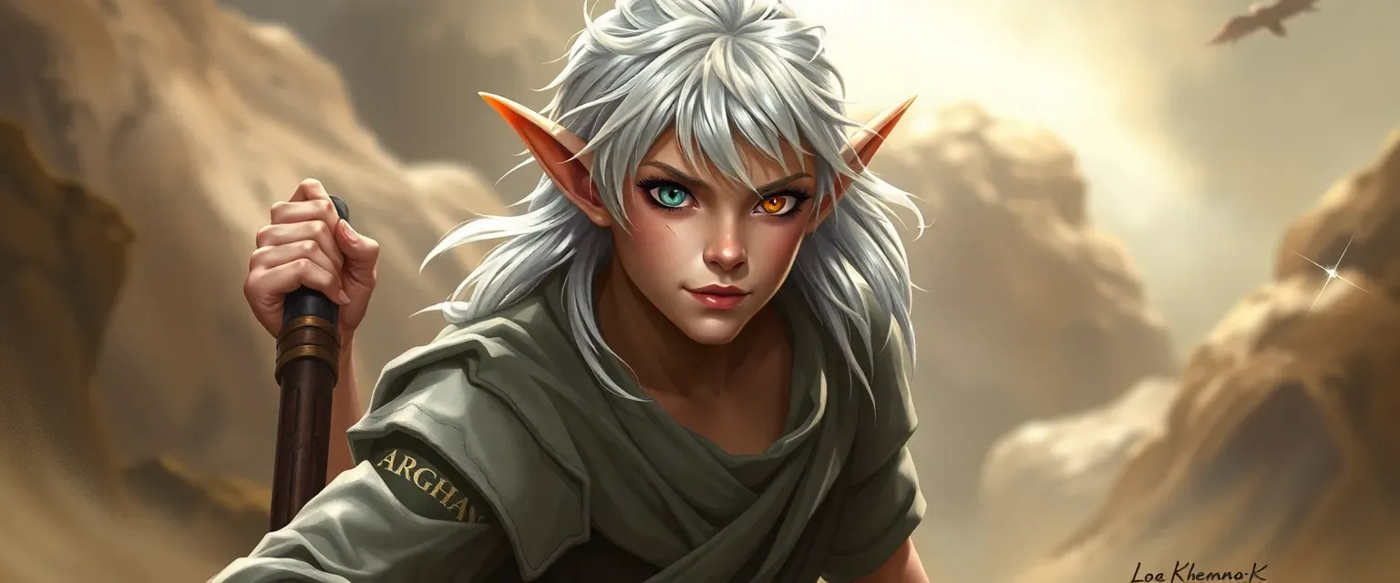 Elf monk with silver and gold hair, dual-colored eyes, tattoos, wearing a simple tunic and breeches.
