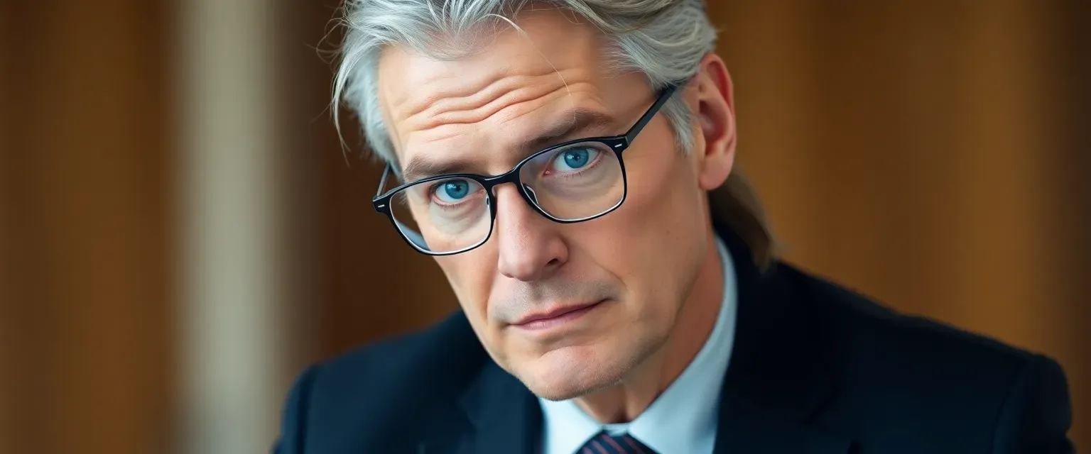 A man in his late forties with gray hair in a ponytail, wearing a dark suit and wire-framed glasses, with piercing cobalt eyes.