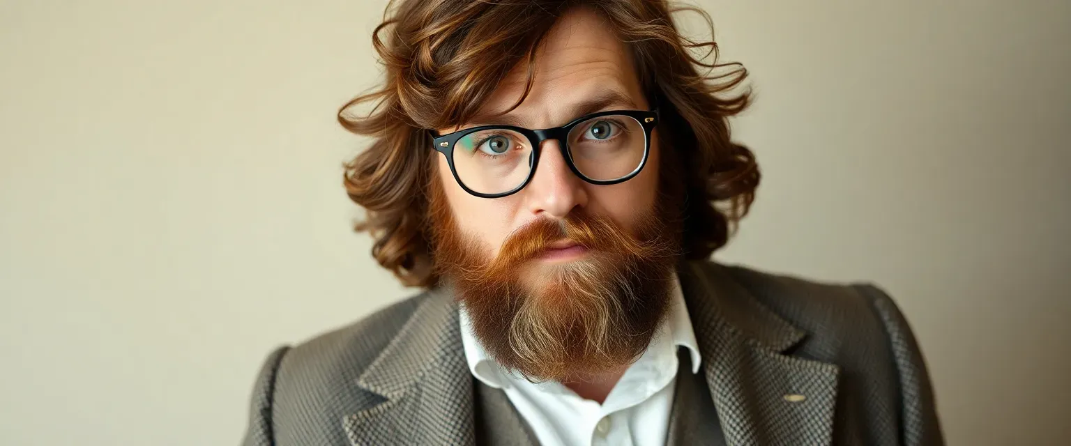 Bearded man, late 30s, frilly brown hair, glasses, eyes like frisbees, tweed jacket, white shirt, worn trousers, pocket watch.