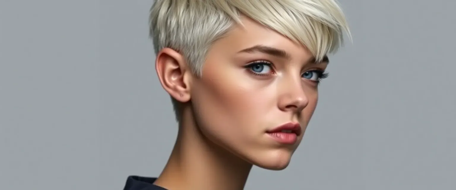 18-year-old Clara with stylish platinum blond pixie cut, one side shaved, gray highlights, sharp angular face, thin, blue eyes with burnt sienna hints, unblemished skin.