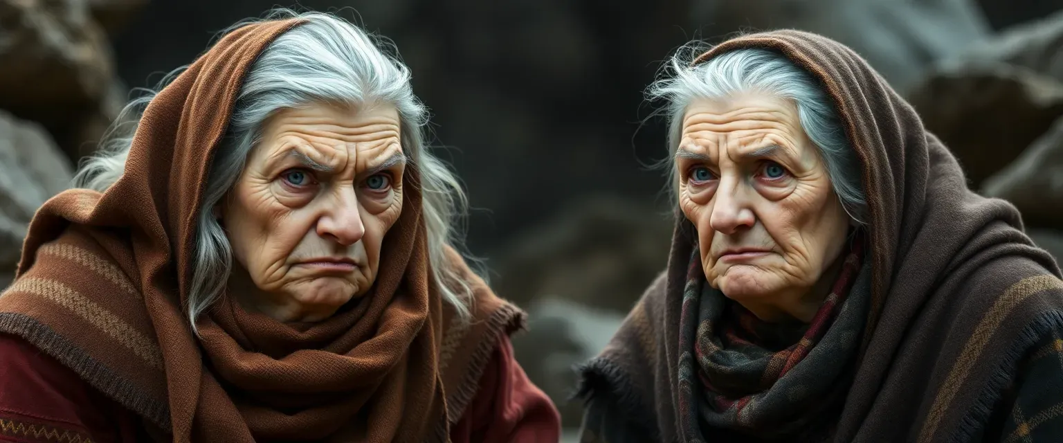 Two elderly Slavic women, hunched and grey-haired, wearing traditional scarves, with grumpy expressions.
