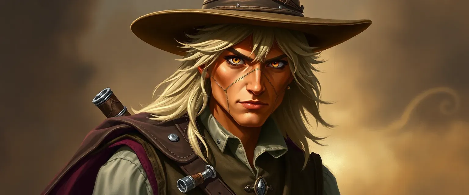 Golden-gray Harengon, amber eyes, tailored vest, gun belt, wide-brimmed hat.