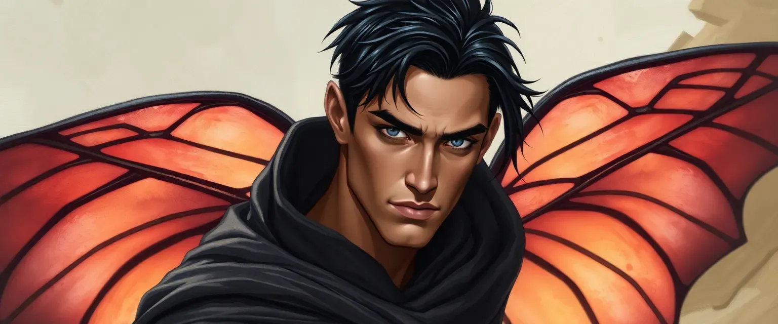 A lean man in his early thirties with jet black hair and pale gray eyes, wearing a cloak that mimics moth wings.
