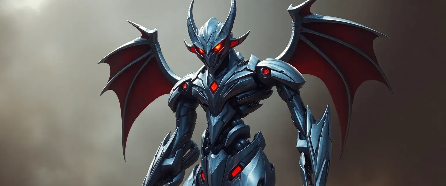 Tall demon robot with sleek metallic body, fiery red eyes, and sharp, elegant design.