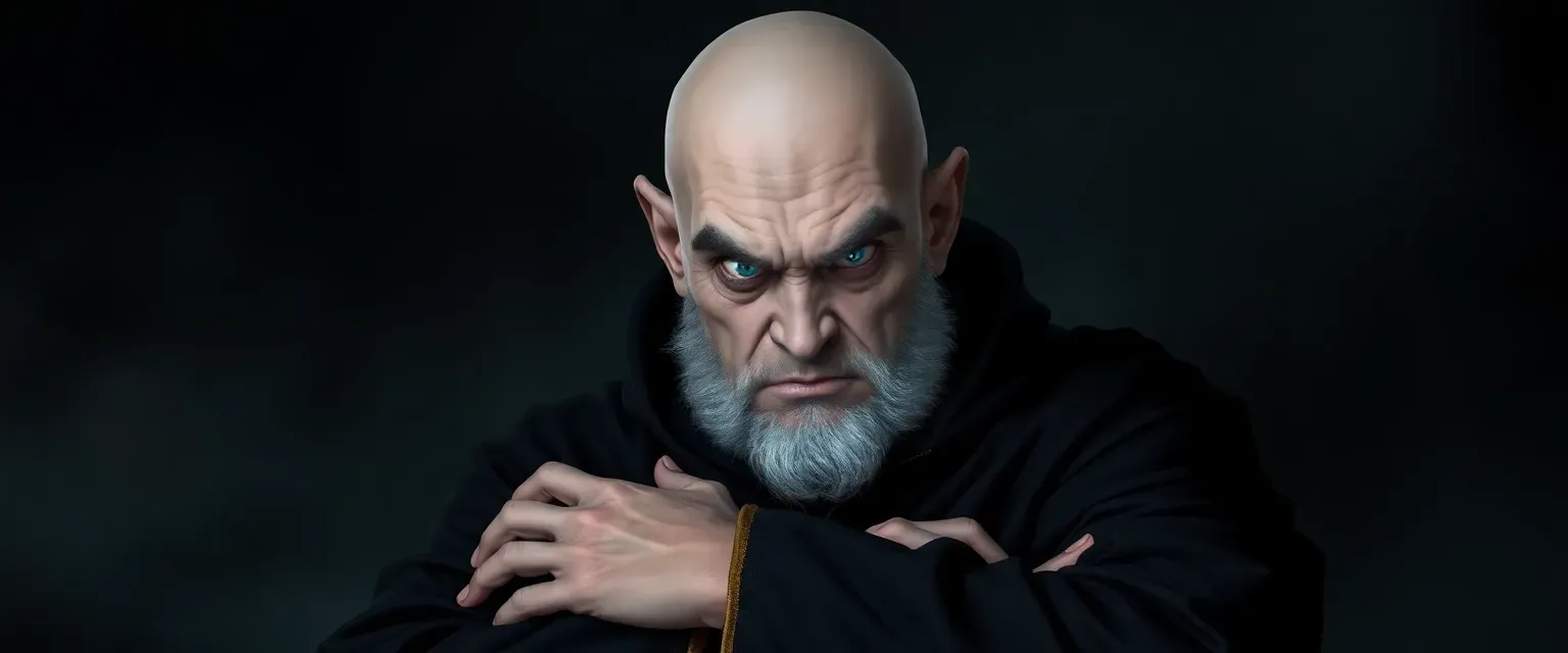 A bald, gray-skinned man with dark black nose, darkish-light blue eyes, and an evil-angry look, wearing a long black robe with gold linings, usually keeps his arms crossed inside his robe up by his chest, only taking them out when casting a spell or doing magic.