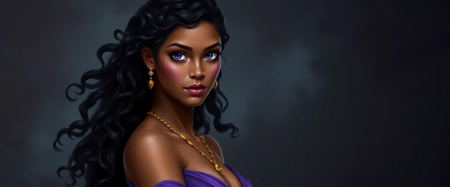 16-year-old Aziza, a shadowdancer assassin with violet eyes, gold blood, long curly black hair, medium brown skin, wearing a violet dress and golden jewelry.