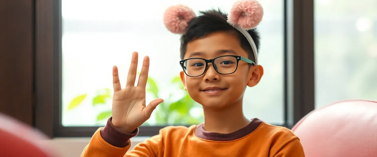 Eleven-year-old JingJing is Chinese-Sudanese with glasses and fluffy pink Puku ears headband from Aquapets show. He's mute but uses sign language and an Aquapets talking device translating thoughts into speech.