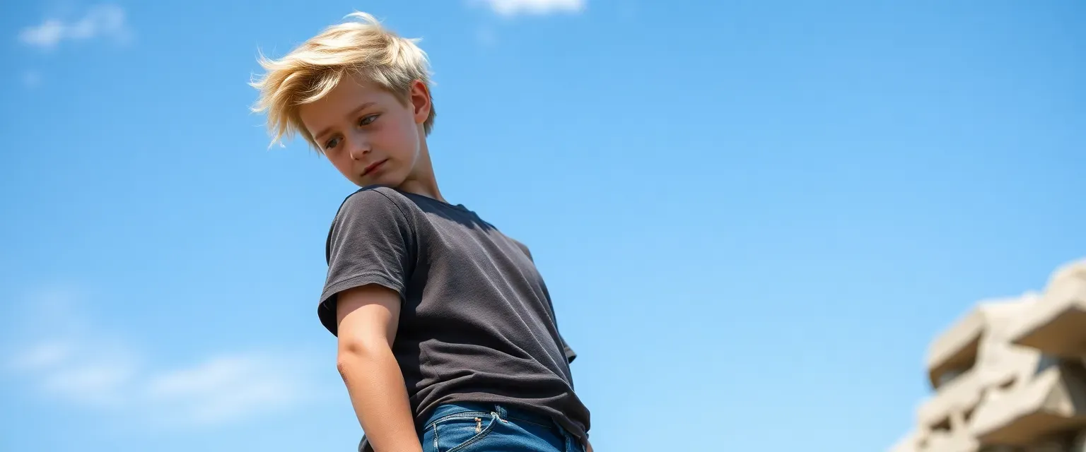 14-year-old Aeden, 5'8", muscular, short sandy blonde hair, masculine features, wearing jeans and a t-shirt.