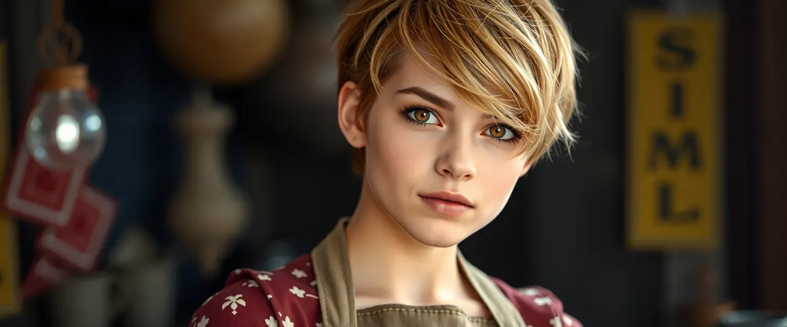 19-year-old with caramel blonde pixie cut and amber eyes, wearing a baker's apron.