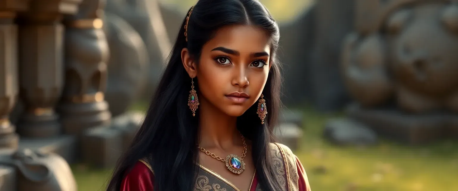 14-year-old Sahar, with flawless honey-olive skin, long ebony hair to her knees, and sharp, symmetrical features, dressed in royal silks.