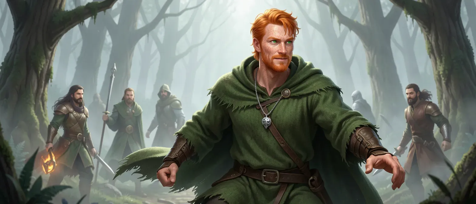 A 28-year-old ginger-haired man with emerald eyes, sharp angular face freckled, wearing frayed green wool tunic and cloak, silver amulet hidden, standing in a misty fantasy forest with a benevolent expression.