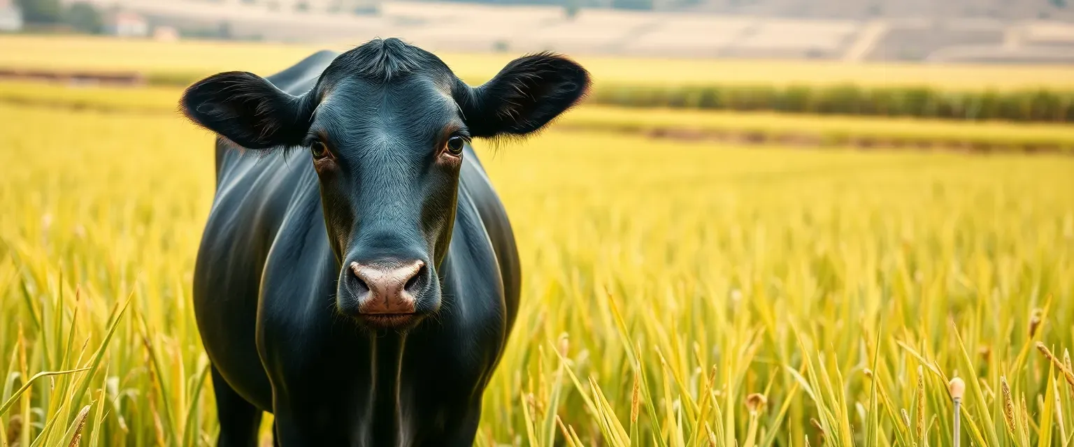 Glossy black long-legged cow with soulful eyes, standing in a South Korean rice field.