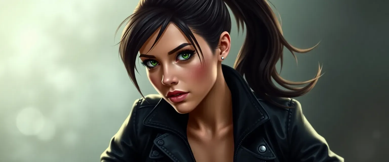 23-year-old woman with dark hair in a ponytail, green eyes, wearing a leather jacket and high-heeled boots.