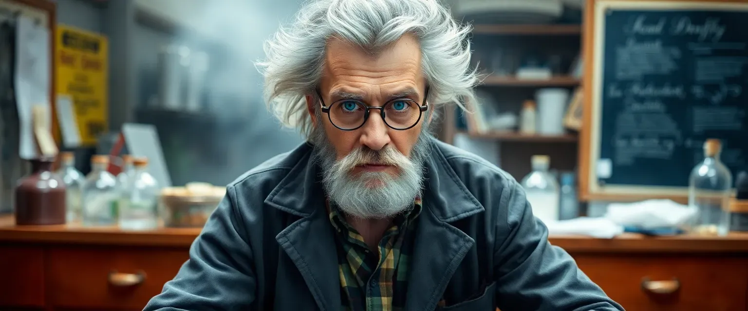 Dr. Daniel Duffy is a mad scientist with wild gray hair and electric blue eyes. He wears a stained lab coat over mismatched clothes and conducts secret experiments on hybridizing humans with animals.