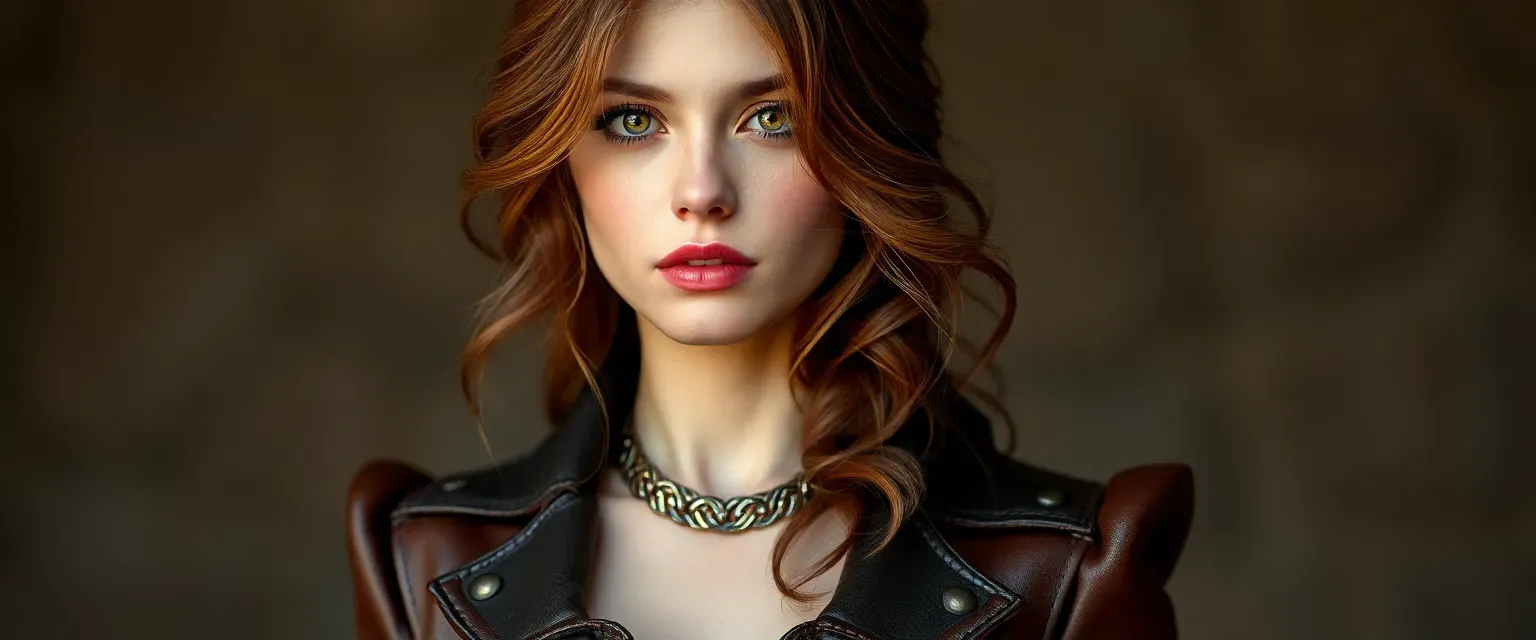 21-year-old Victoria with cascading chestnut hair and hazel eyes, dressed in elegant designer clothes.
