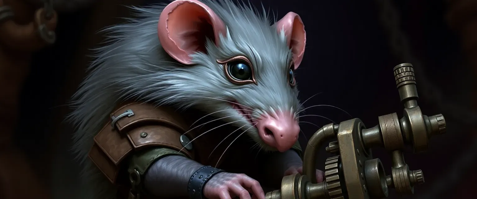 A 3-foot tall ratfolk with gray fur, wearing patchwork leathers, sharp black eyes, and tinkering with mechanical devices.