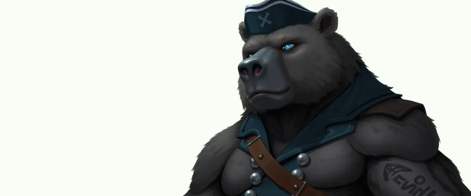 Seven-foot tall bear with iron-gray fur, blue eyes, naval uniform with a tricorn hat, muscular and scarred.