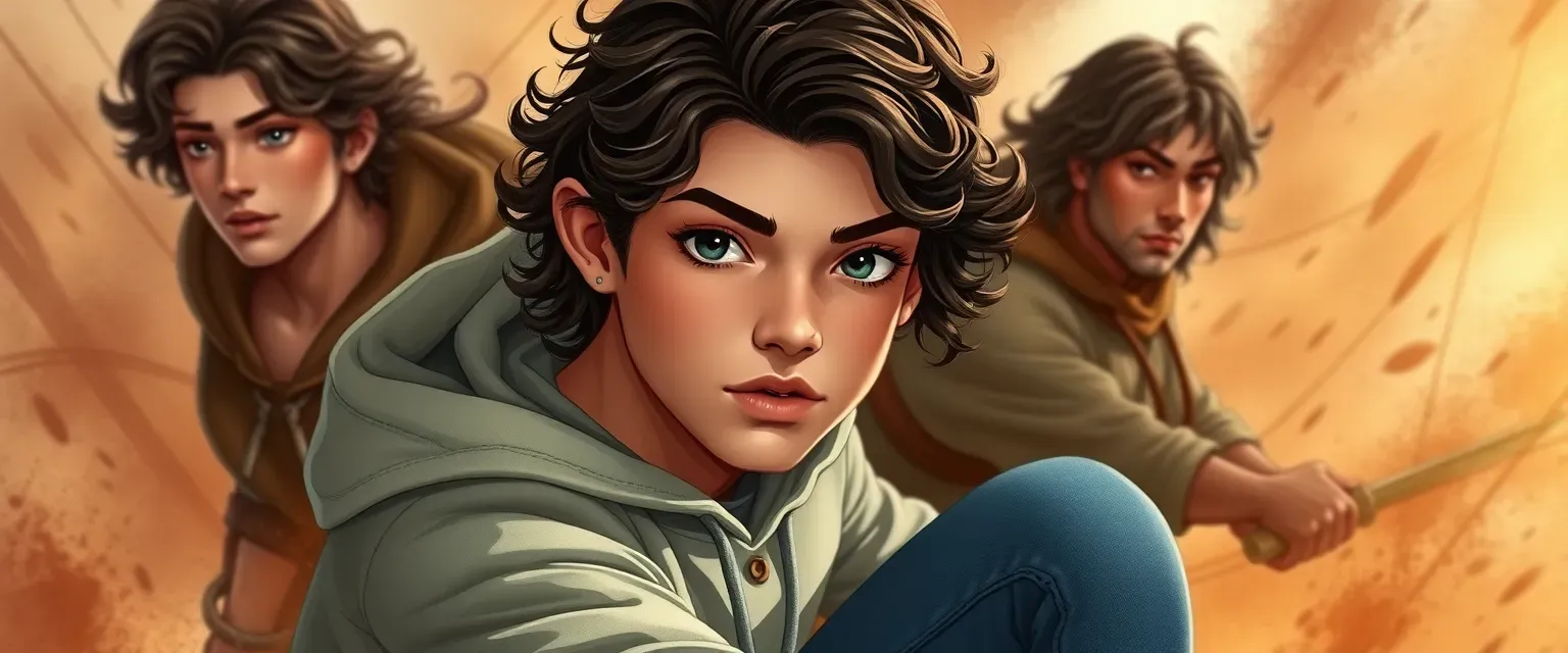 20-year-old with dark brown curls, deep-set hazel eyes, lean build, often in hoodies and jeans.