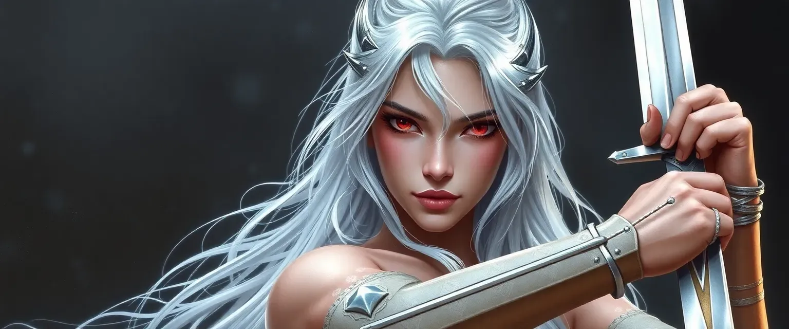Silver-haired Aasimar with red eyes, elegant and serene, wields a sword with grace.