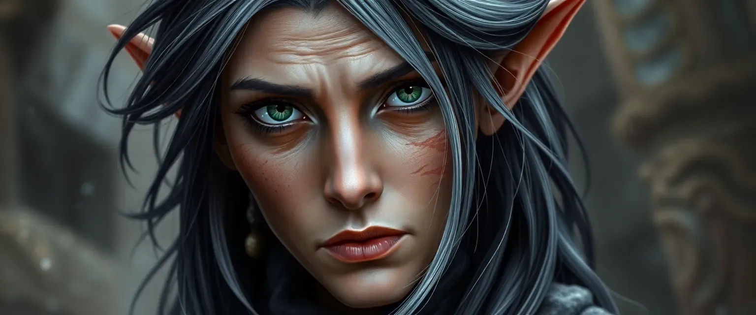 Middle-aged elf woman with silver-streaked black hair, olive skin, and emerald eyes, wearing tattered noble robes.