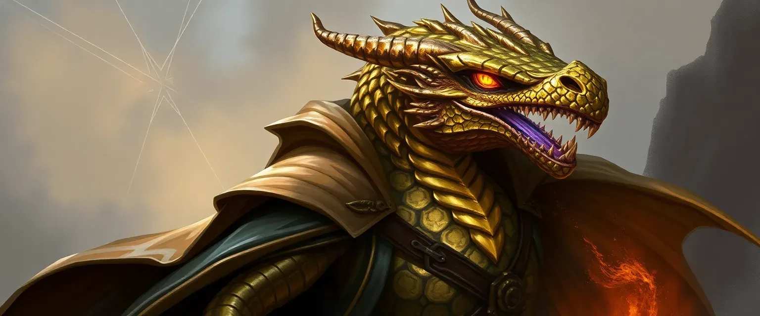 Tall dragonborn with shimmering brass scales, wearing noble robes and a flowing cloak, eyes glowing with magical energy.