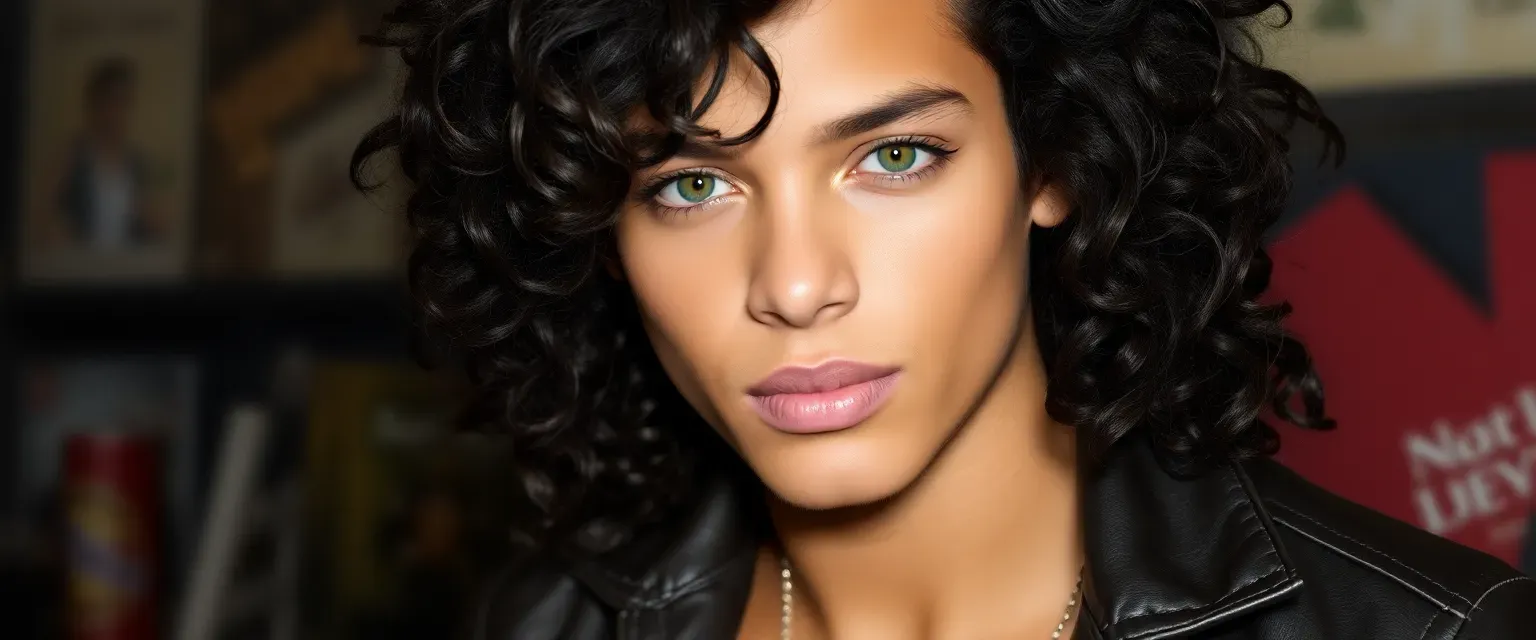 20-year-old Aslan, a stripper with caramel skin, green eyes, and wild dark curls, in casual jeans and a leather jacket.