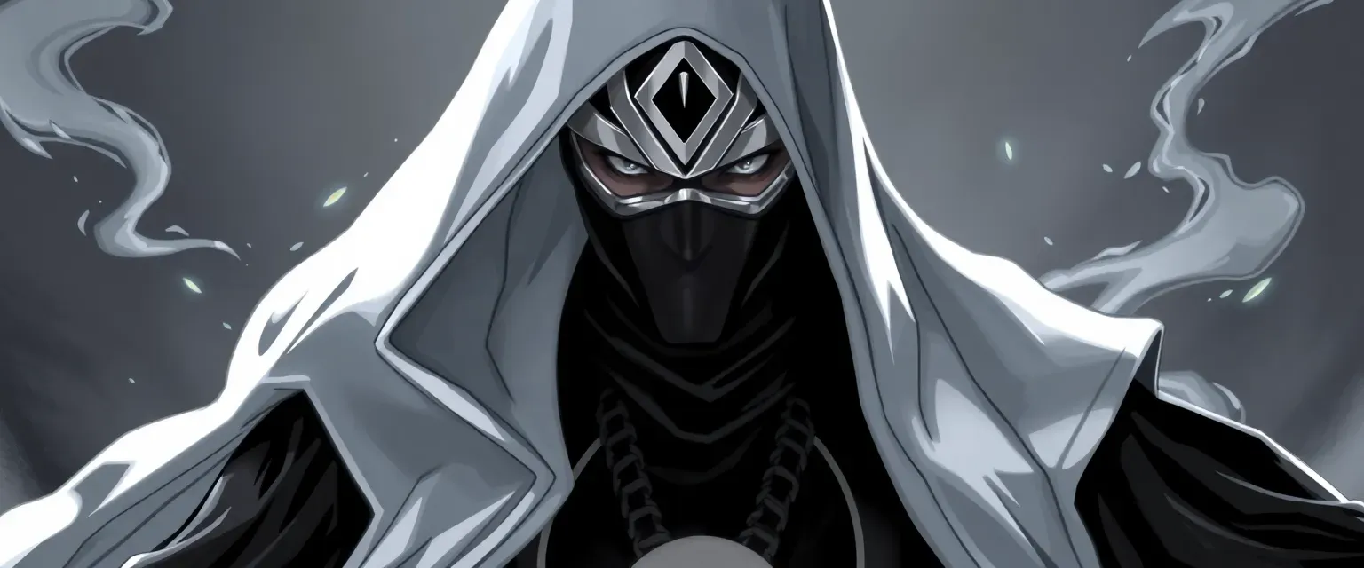 Kael is a masked man with silver-gray eyes, wearing black-and-white robes resembling yin-yang symbols. He wields control over yin and yang forces.