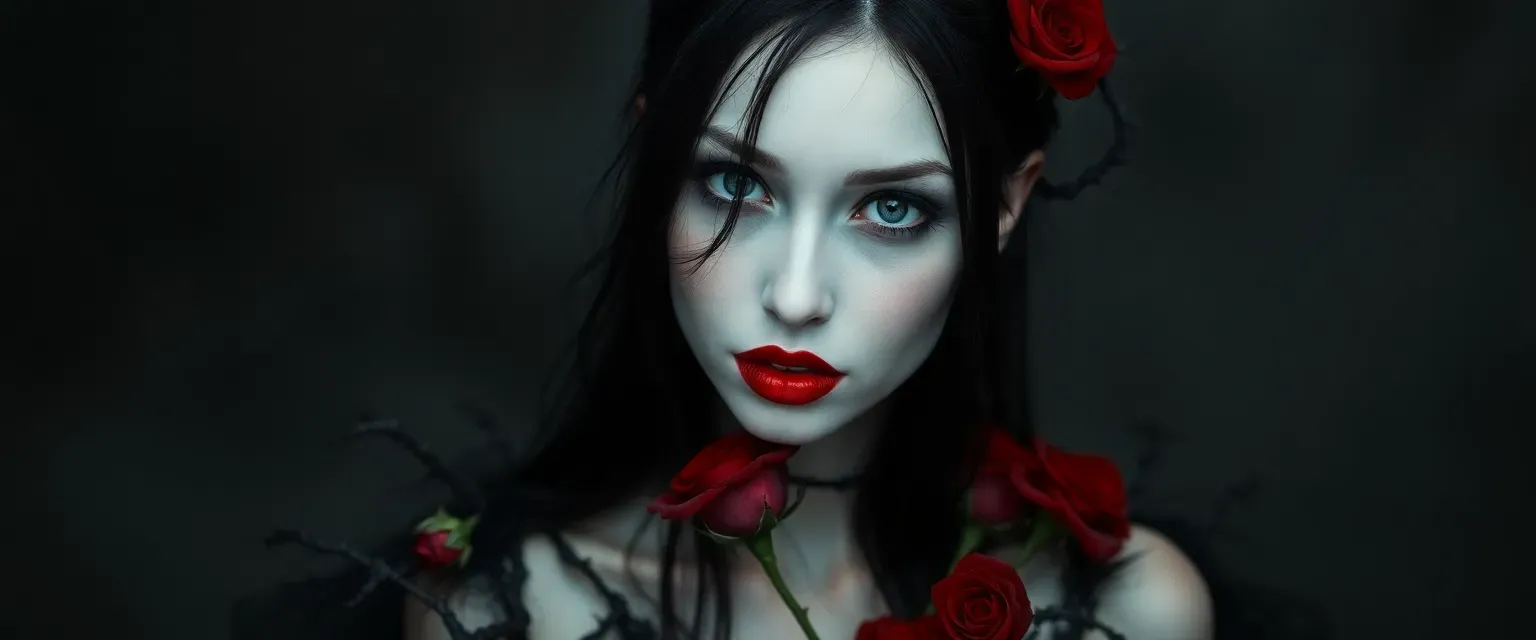 Ethereal woman with pale skin, blood-red lips, black hair, wearing a shadow-like gown with thorns and roses.