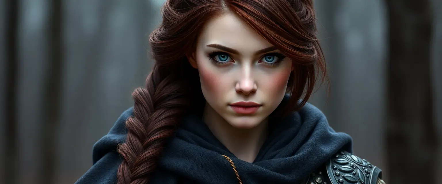 32-year-old woman with dark auburn hair in a braid, pale skin, wearing a twilight cloak and forest deity adorned armor.