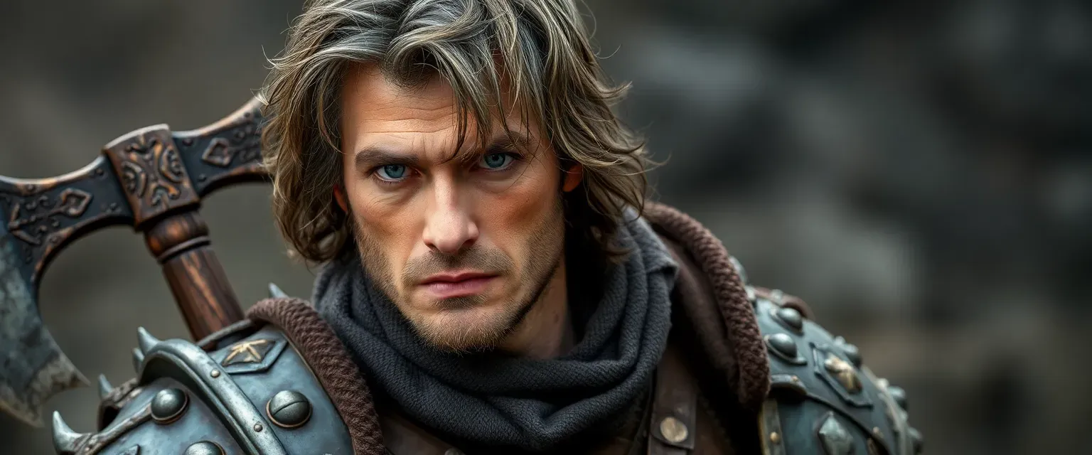 Mid-thirties man with gray-streaked brown hair and blue eyes, wearing worn knight armor, carrying a broken axe.