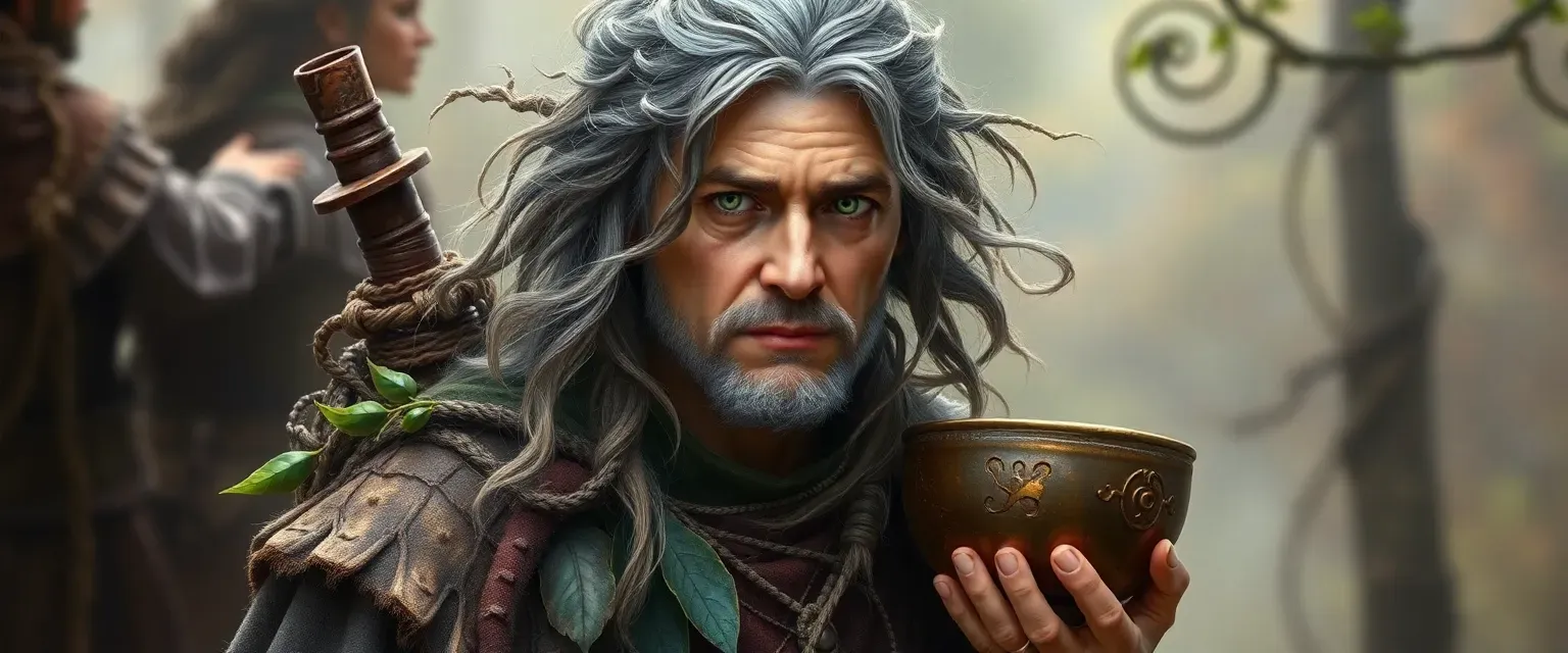 Mid-40s Artificer Druid, gray-brown tangled hair, green eyes, robe of bark and leaves, carries a bronze bowl.