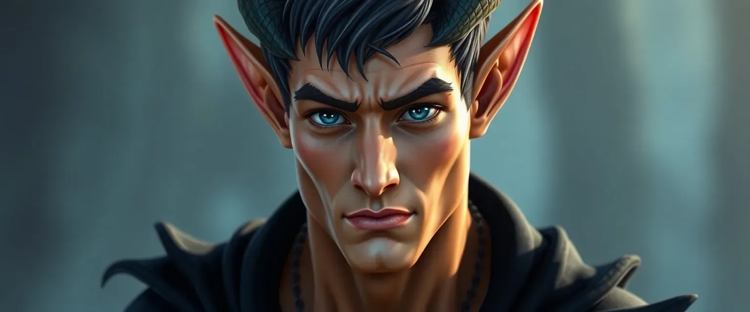 Tall fae with pointed ears, handsome, large blue-gray eyes, muscular, tan skin, dressed in black and dark blue.