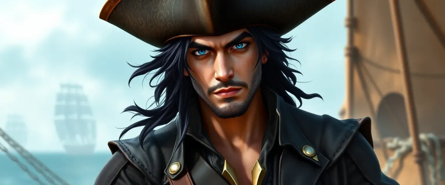 Pirate in his early 30s, lean and muscular, with jet-black hair and piercing azure eyes, wearing a leather vest, breeches, and a wide-brimmed hat.