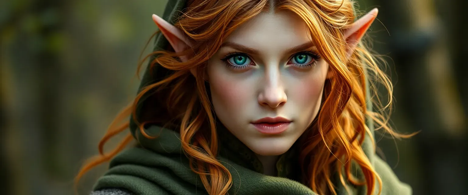 26-year-old half-elf druid with emerald eyes and chestnut hair, wearing nature-crafted cloak and garments.