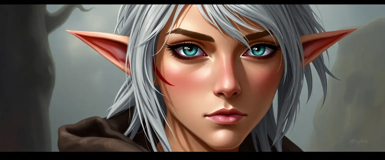 21-year-old half-elf with silver hair, pointed ears, a scar from cheek to left ear, slender yet strong.