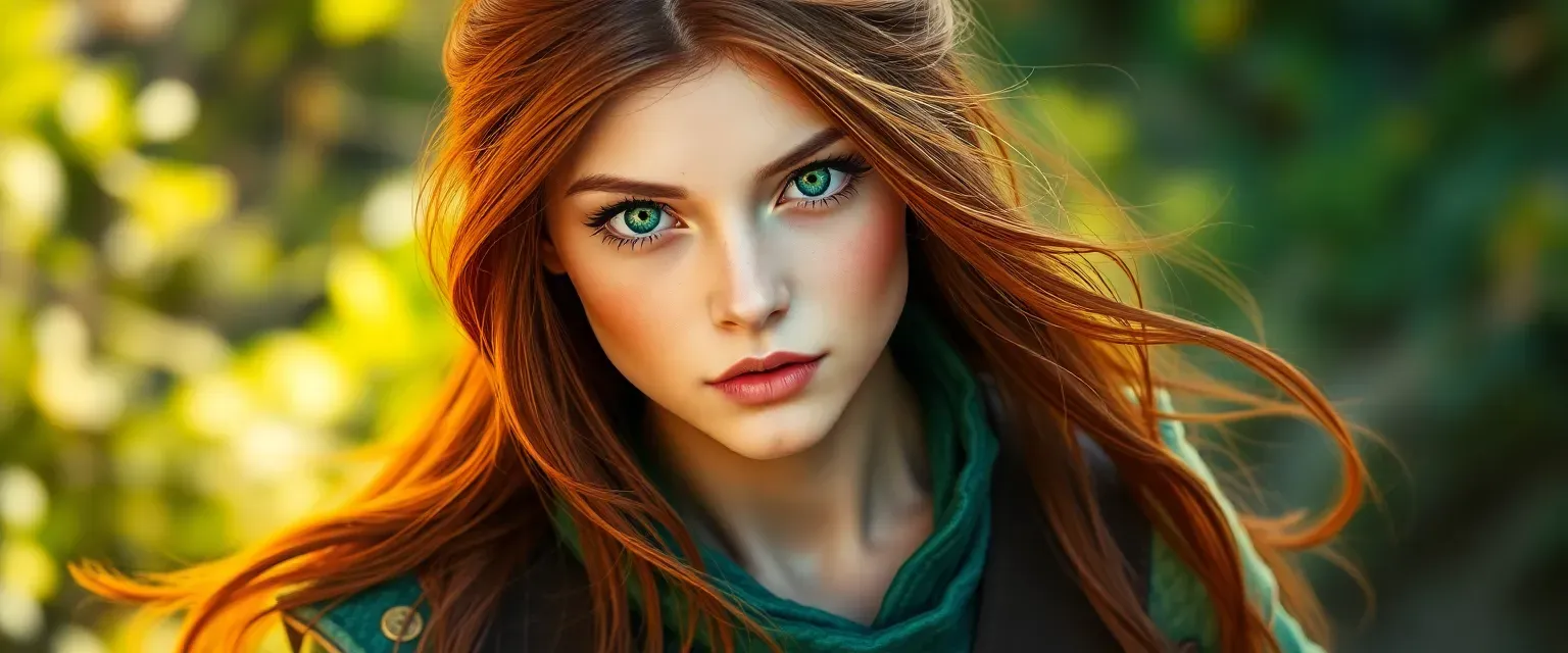 Young woman with emerald eyes and long chestnut hair, wearing colorful, practical attire.