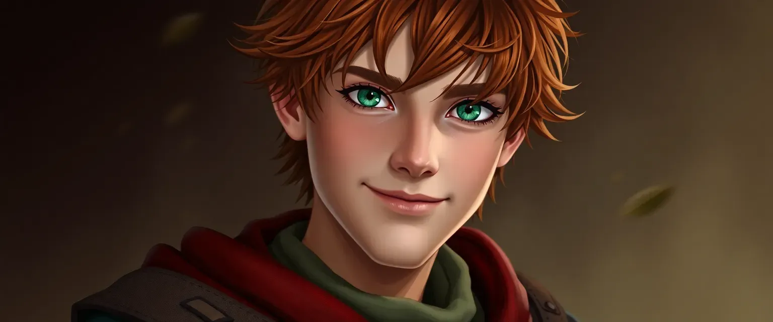 18-year-old Arthur, with emerald eyes and messy chestnut hair, wears patchwork leather and cloth, exuding charm and cheerfulness.