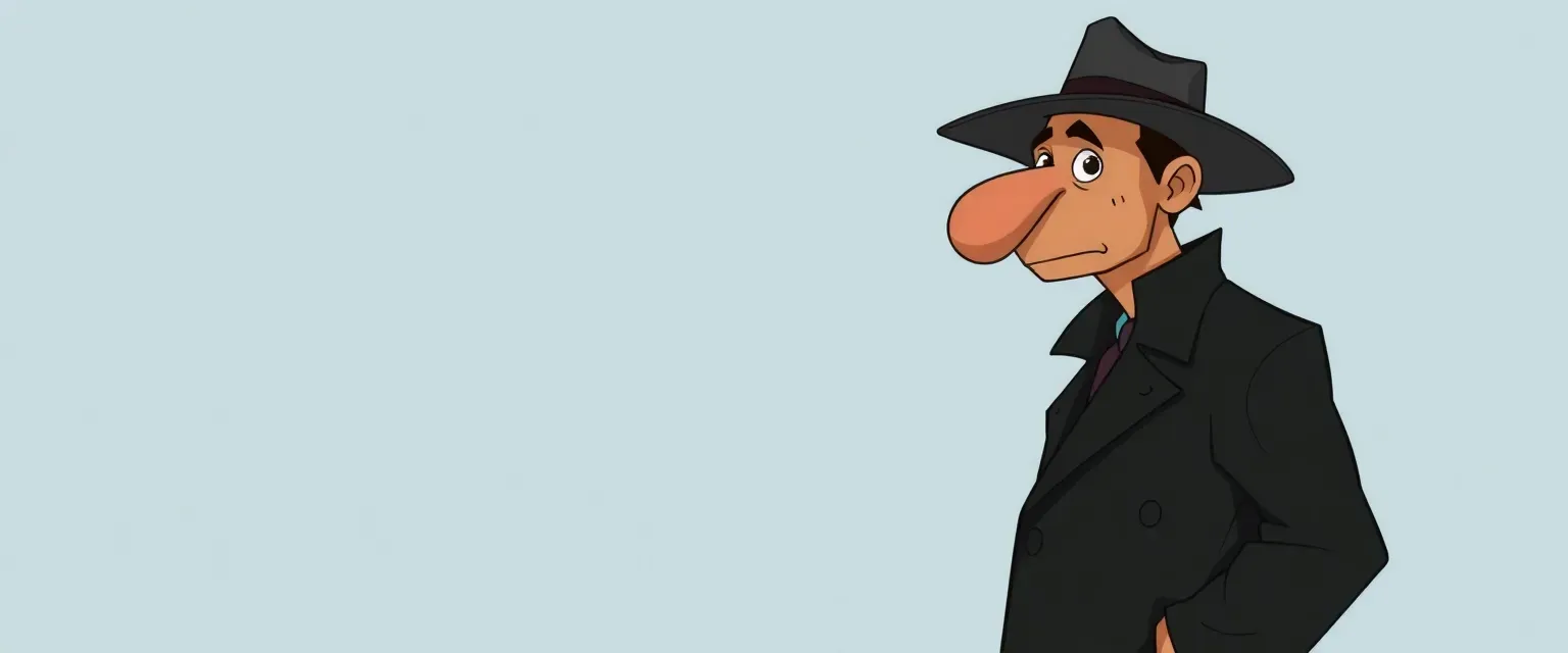 35-year-old man with a large nose, wearing a long dark coat and a wide-brimmed hat, slender and observant.