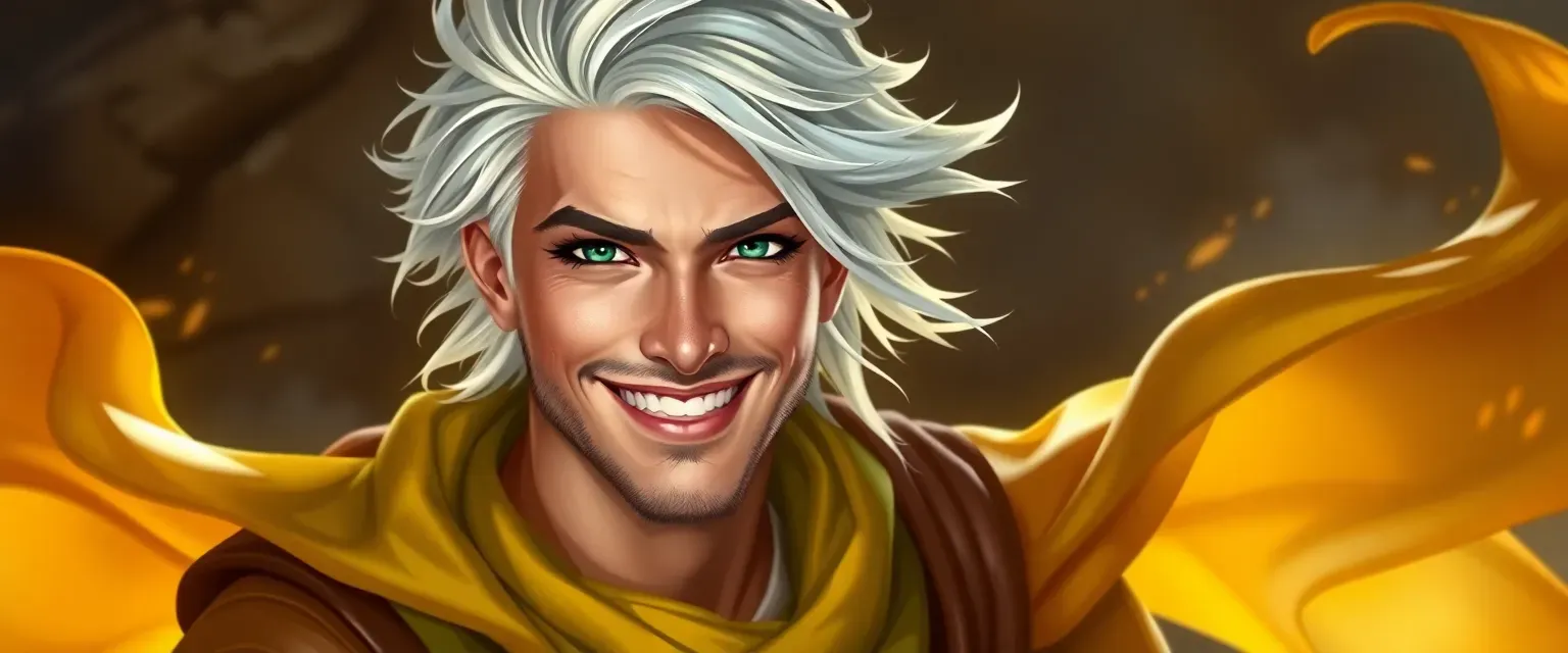 28-year-old man with silver hair and emerald eyes, wearing vibrant, flowing clothes, smiling warmly.
