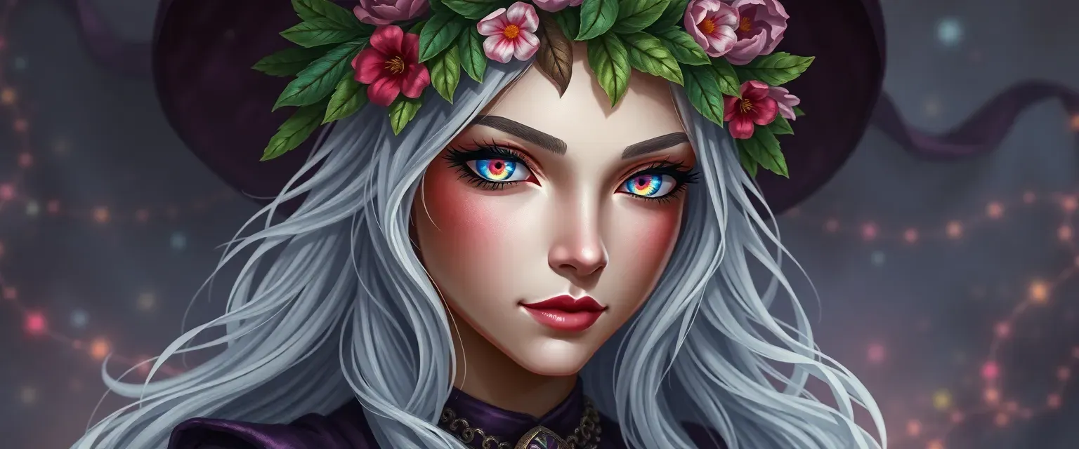 Silver-haired bard with kaleidoscopic eyes, wearing leaf-and-flower circlet, elegant yet whimsical attire.