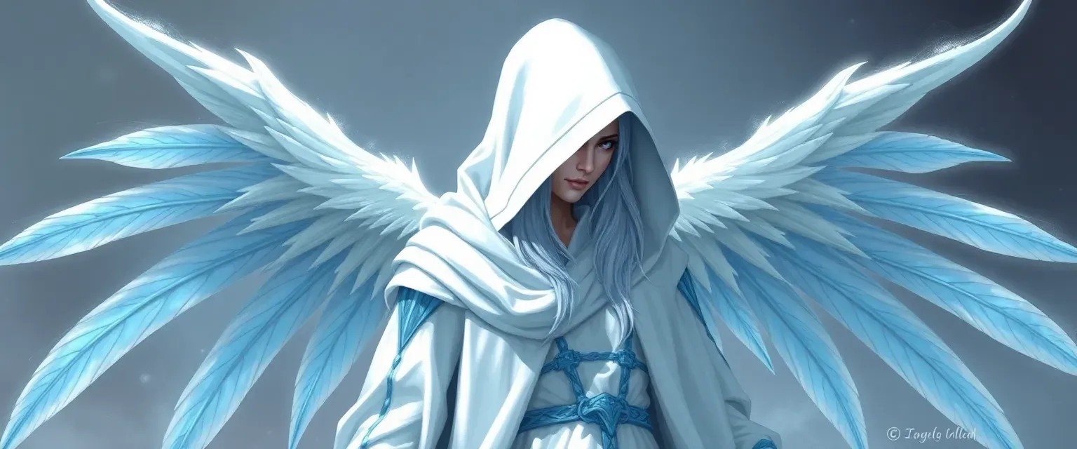 Ethereal figure in white robes with blue details, hood, pale bluish wings, long silver hair hidden.