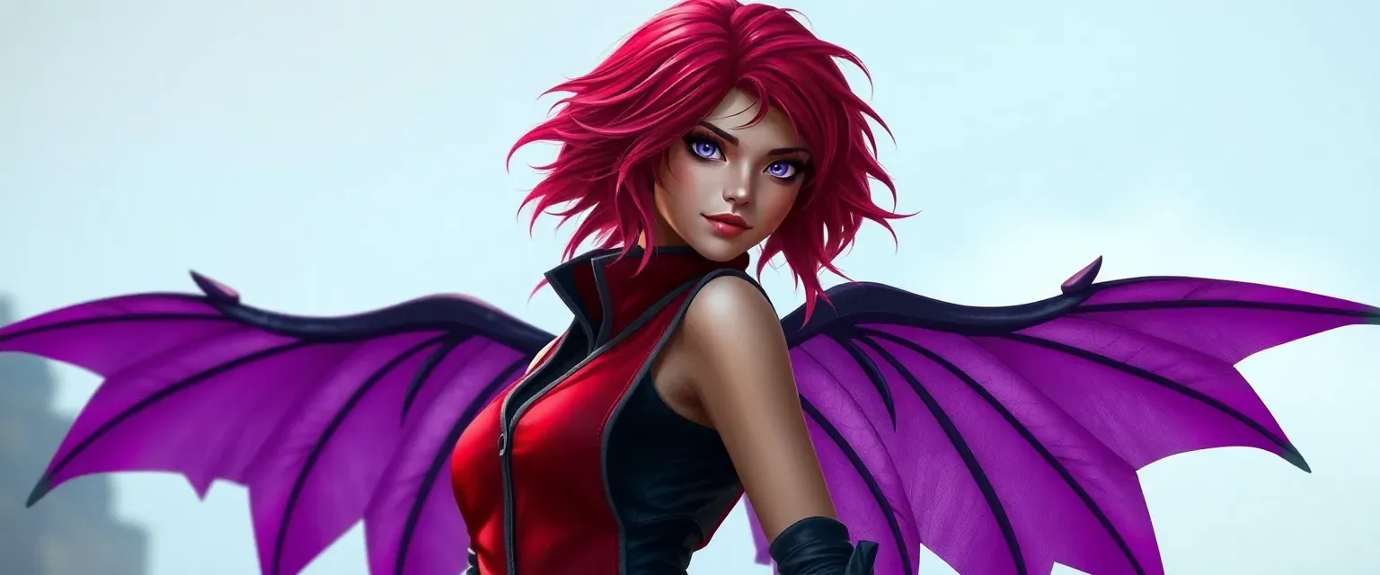 Young woman with bright red hair, purple eyes, and large purple wings, wearing a red vest, black top, and red boots.