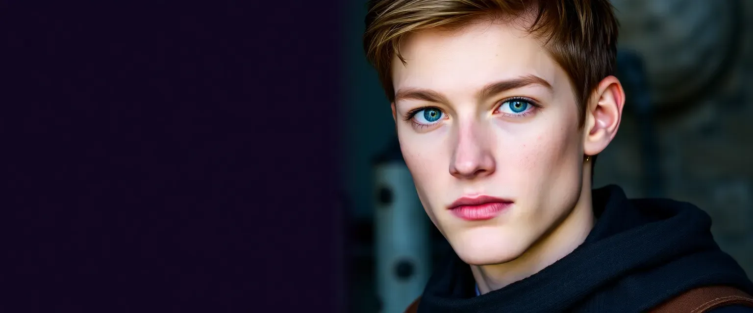 Young man, early twenties, lean, short brown hair, green eyes, dressed in dark, practical attire.