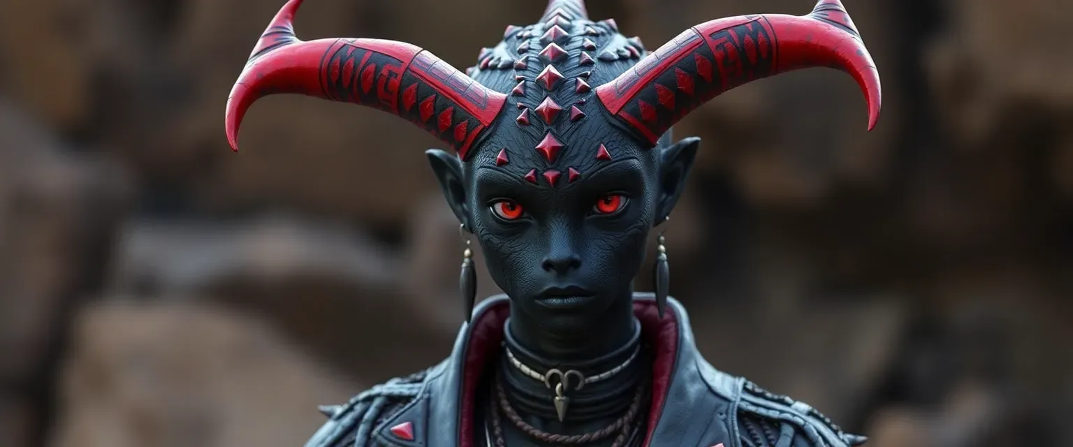 Araya, a Raethean with glossy black scales, red-spiked rows, four horns, and bright red eyes, wears tribal clothes and a gunslinger coat.