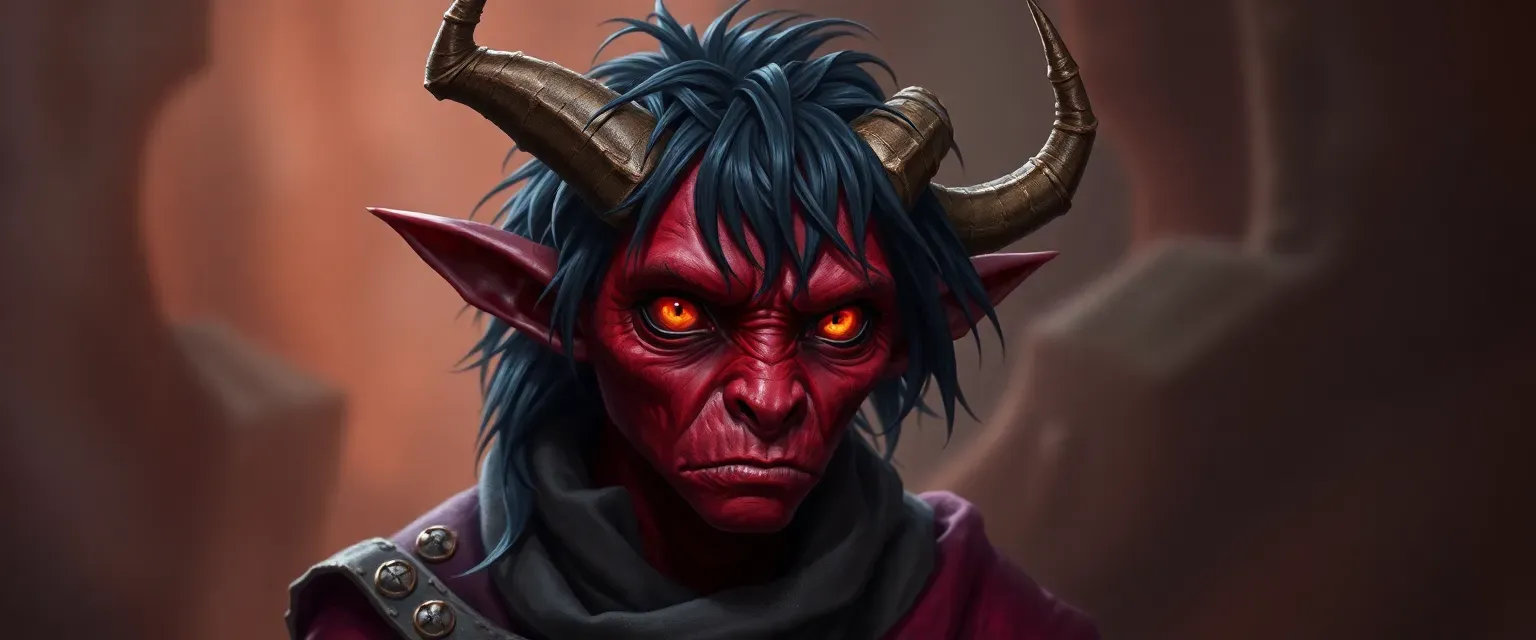 Crimson-skinned tiefling with fiery orange eyes, wearing tattered wizard robes, small horns, unkempt dark hair.