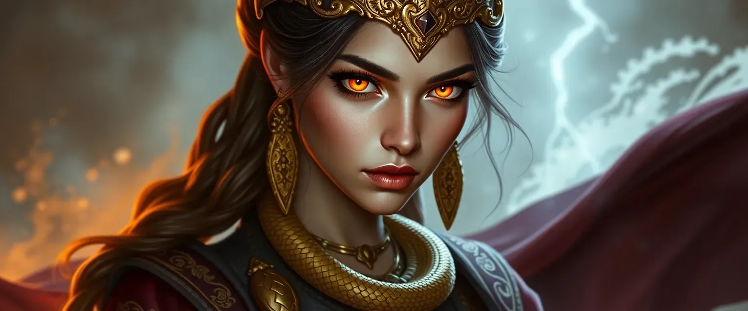 Young, beautiful empress with a golden snake necklace, eyes turning into snake eyes when confronting enemies.